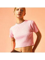 韓國PRENDA - SMUDGE LOGO SHORT SLEEVE KNIT PINK